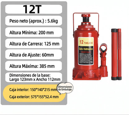 Gata Hidráulica Tipo Botella 12 Ton | Válvula Seguridad 46.5cm