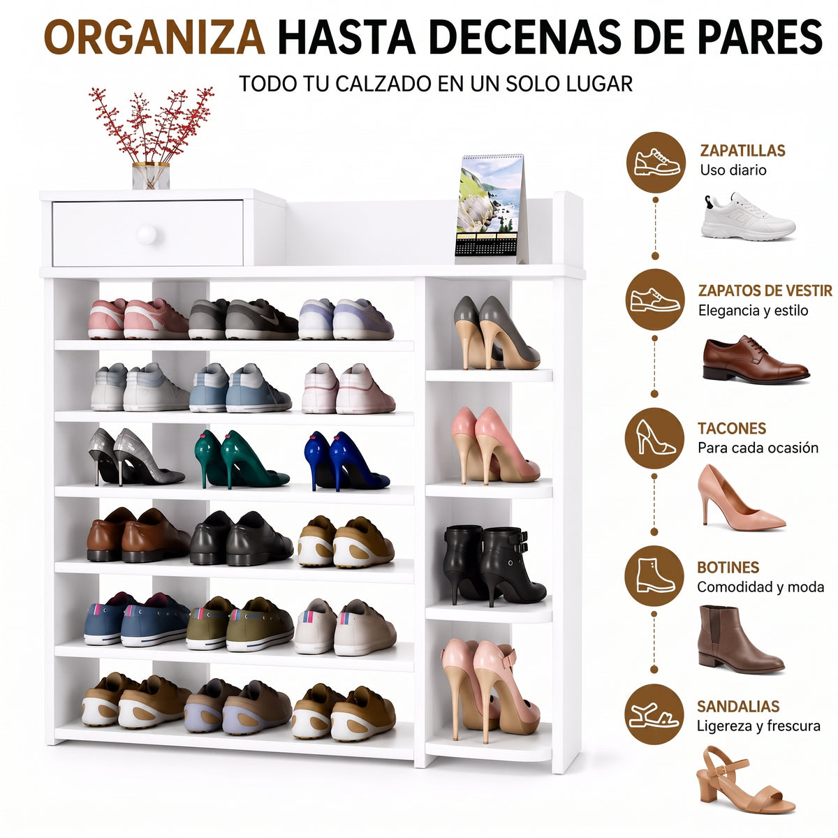 Zapatero Organizador Madera 8 Niveles con Cajón 100x24x106 cm