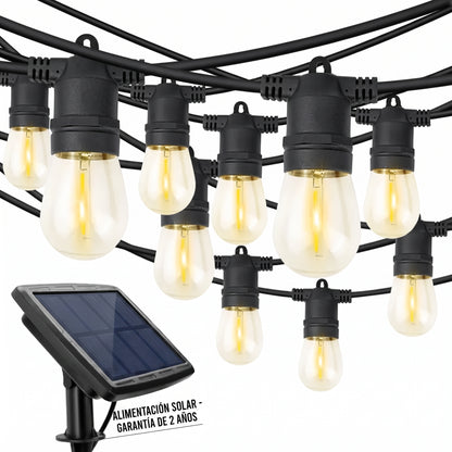 Guirnalda LED Solar 10 Metros | 10 Ampolletas Vintage | Interior y Exterior