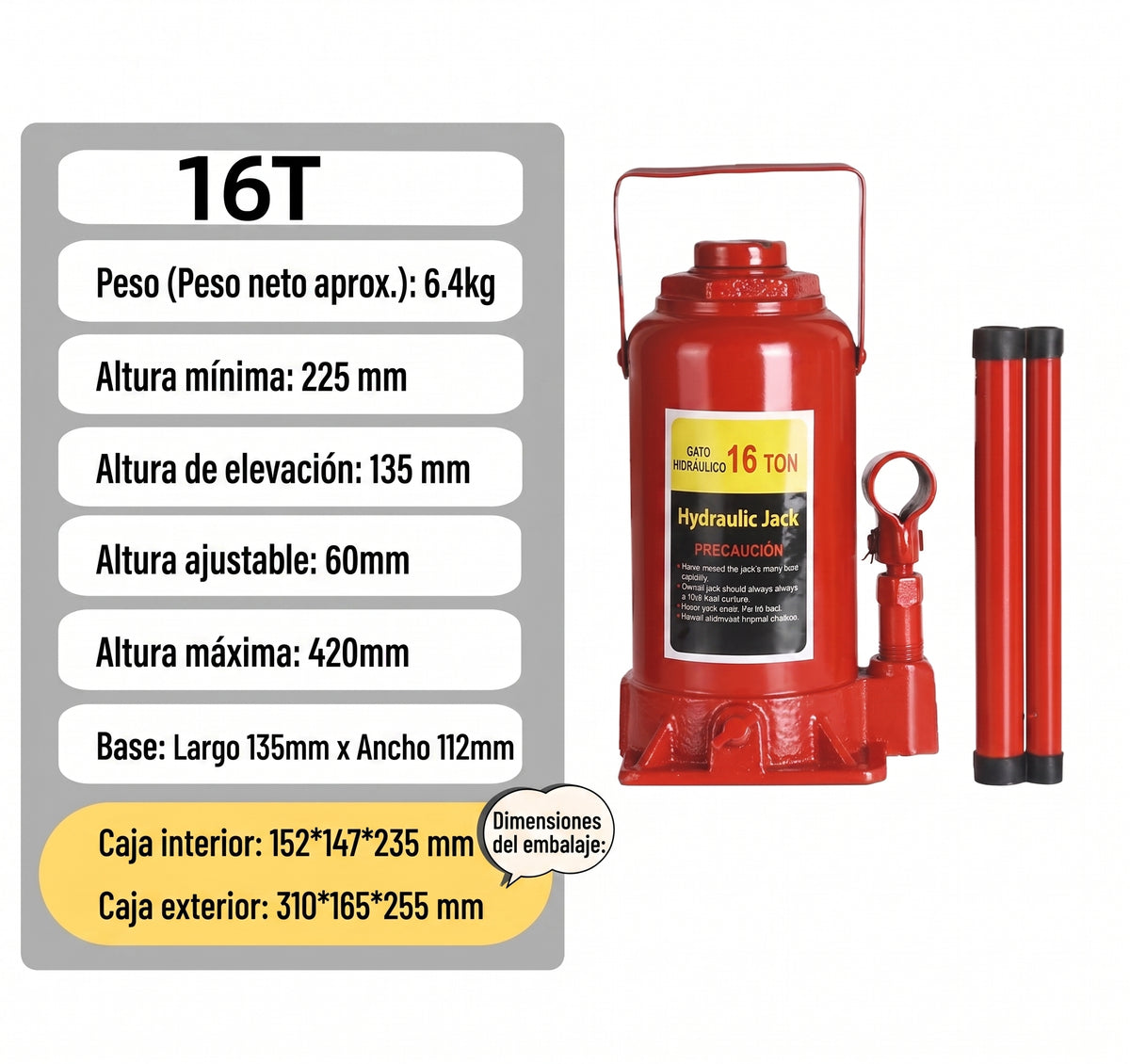Gata Hidráulica Tipo Botella 16 Ton | Palanca 40cm Uso Industrial