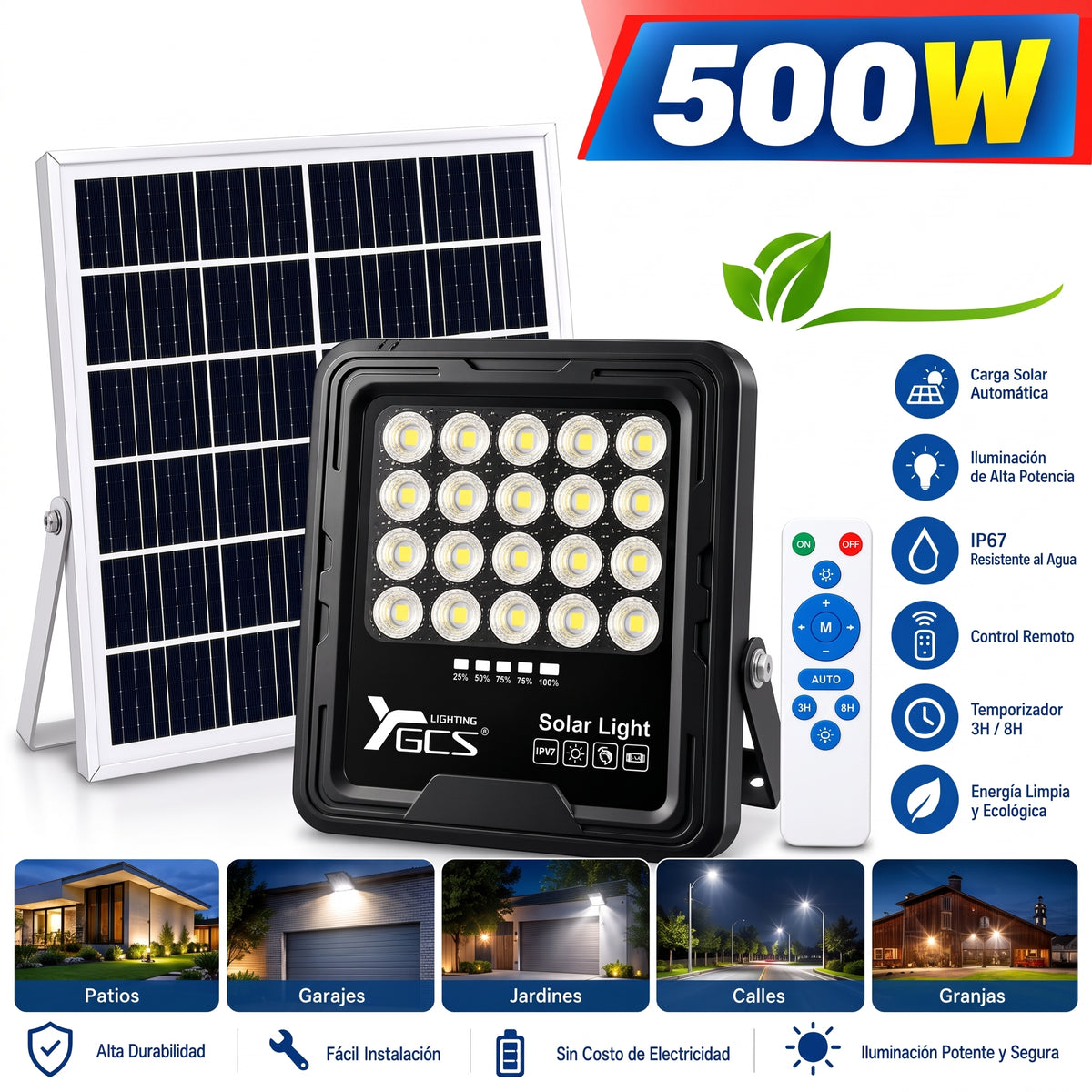 Foco Solar 500W | Panel Solar + Control Remoto | IP67
