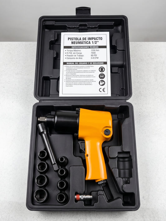Kit Pistola de Impacto Neumática 1/2" 1800 Nm + 8 Dados y Maletín