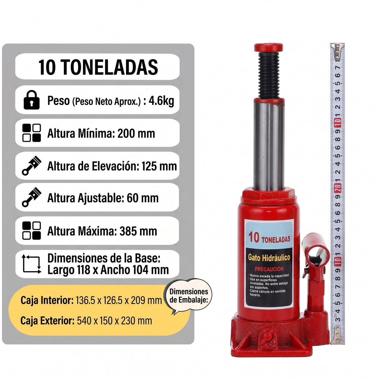 Gata Hidráulica Tipo Botella 10 Ton | Base Reforzada 385mm