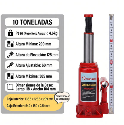 Gata Hidráulica Tipo Botella 10 Ton | Base Reforzada 385mm