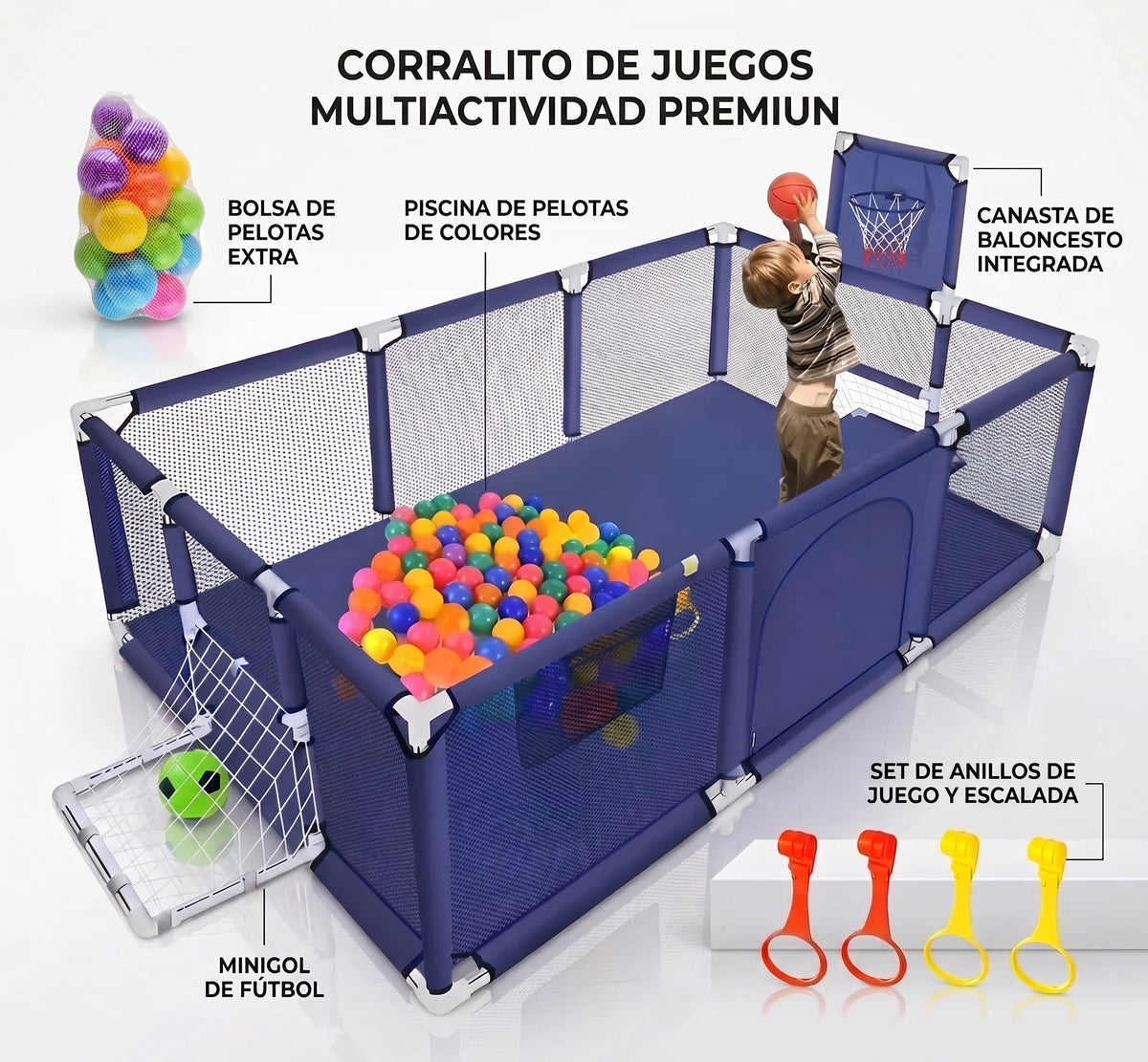 Corral de Juego para Bebés 180 cm con Aro de Basket | Plegable y Seguro