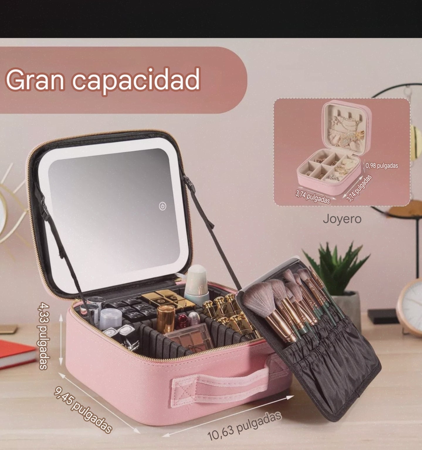 Estuche Organizador de Maquillaje con Espejo LED Recargable y Brochas