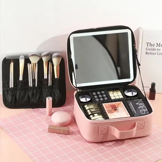 Estuche Organizador de Maquillaje con Espejo LED Recargable y Brochas