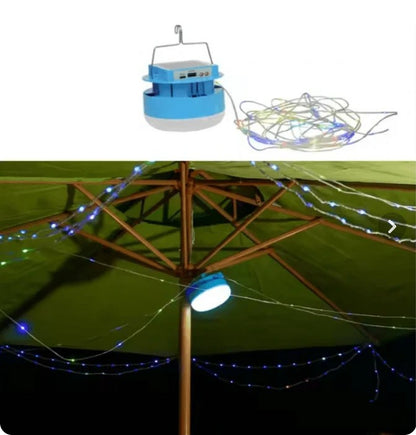 Foco LED Solar Recargable con Guirnalda y Cargador USB de Emergencia