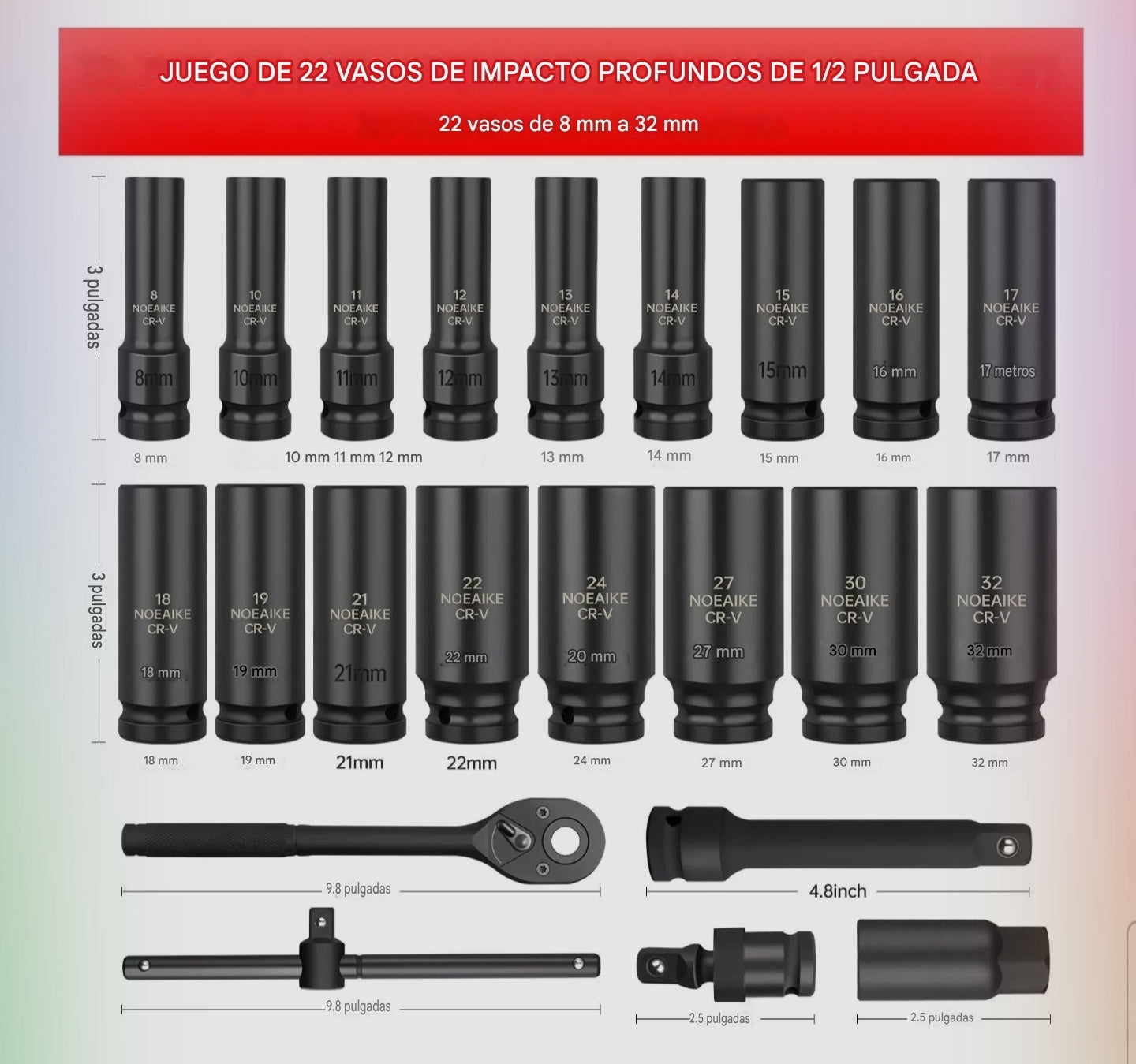 Kit 22 Piezas Dados de Impacto Largos con Chicharra y Llave Deslizante – Maletín