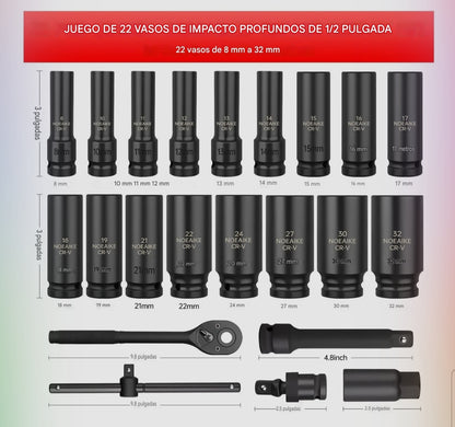 Kit 22 Piezas Dados de Impacto Largos con Chicharra y Llave Deslizante – Maletín