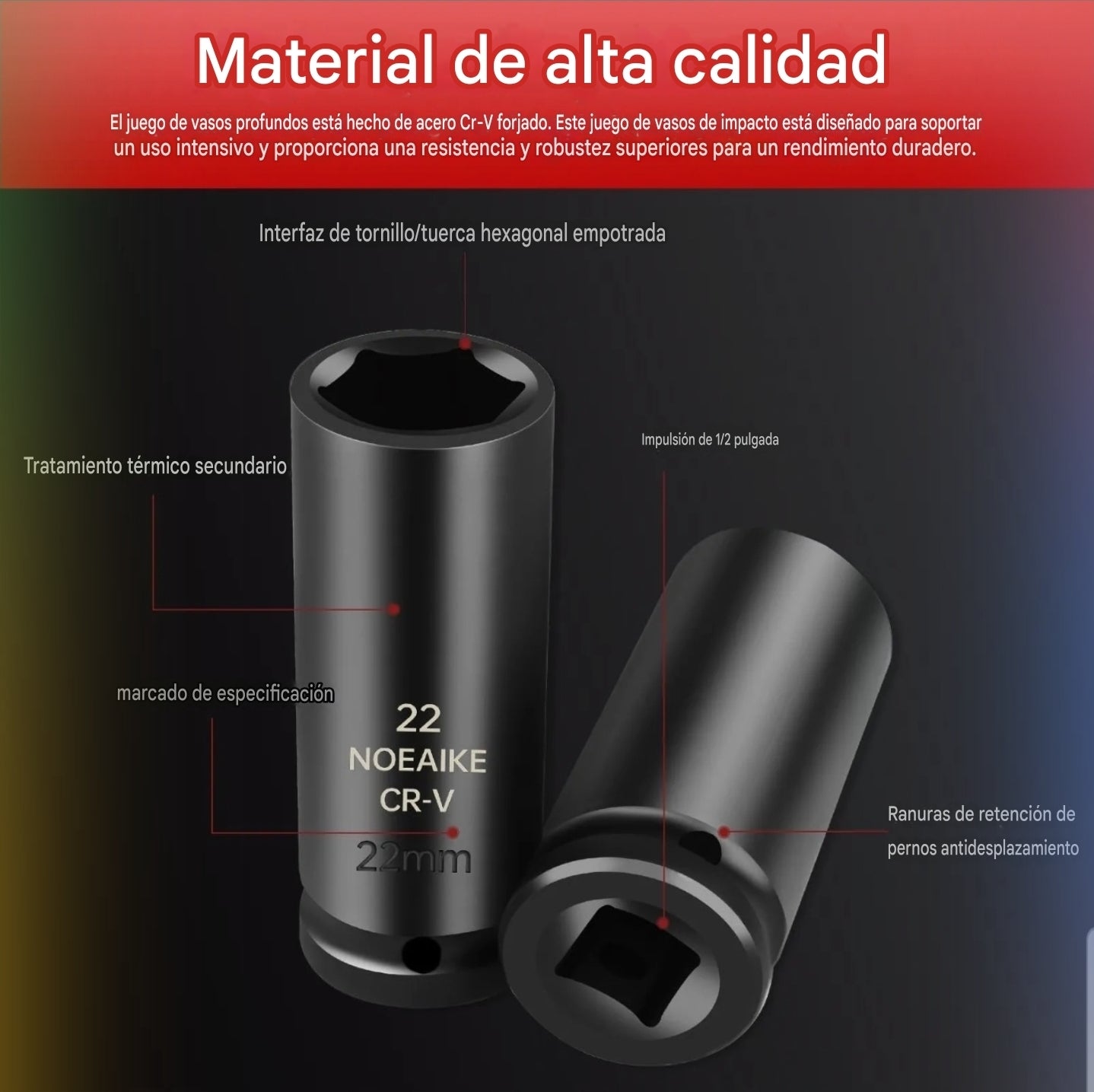 Kit 22 Piezas Dados de Impacto Largos con Chicharra y Llave Deslizante – Maletín
