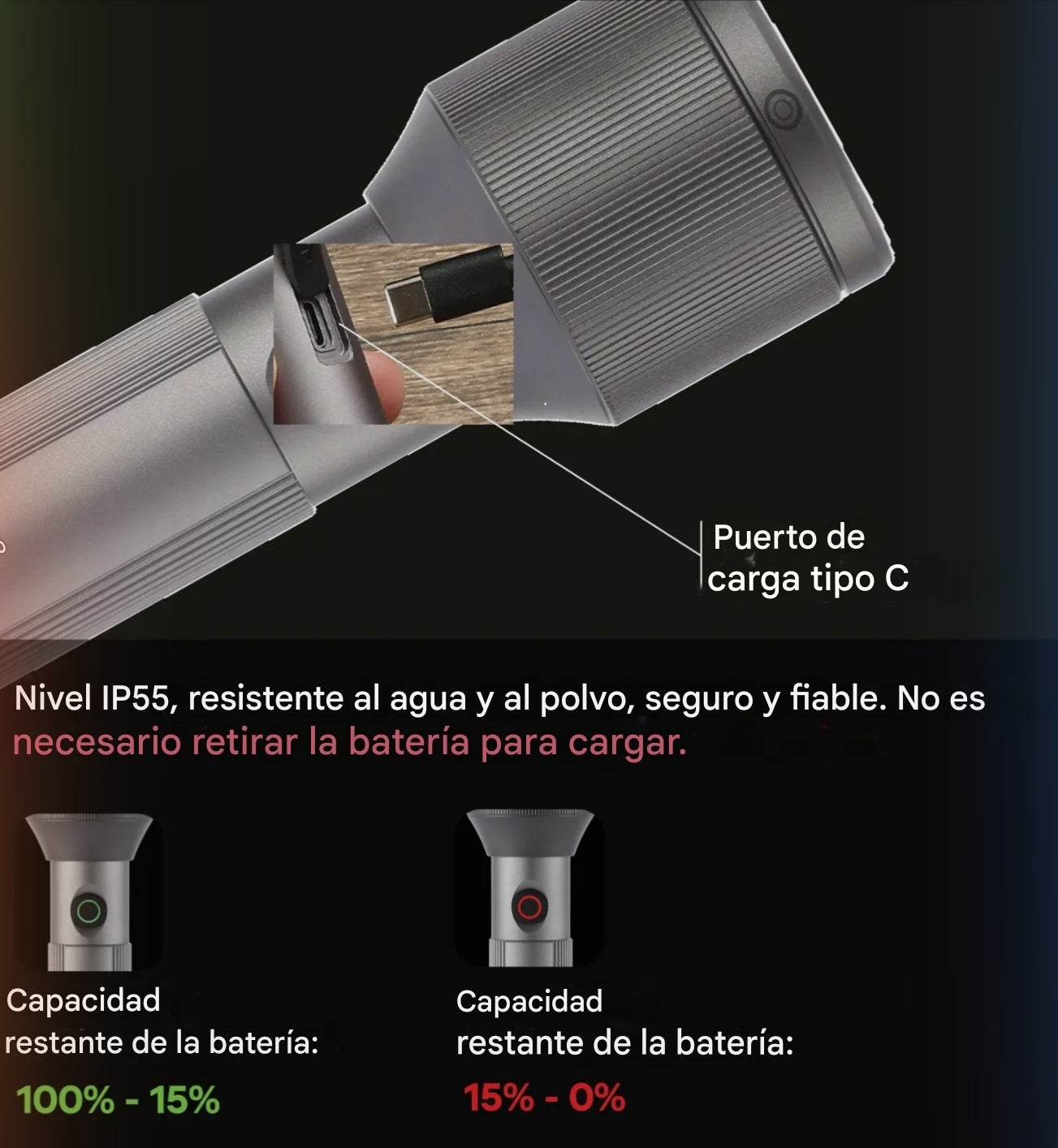 Linterna LED Telescópica 30W Recargable USB-C 3600mAh – Aluminio Premium