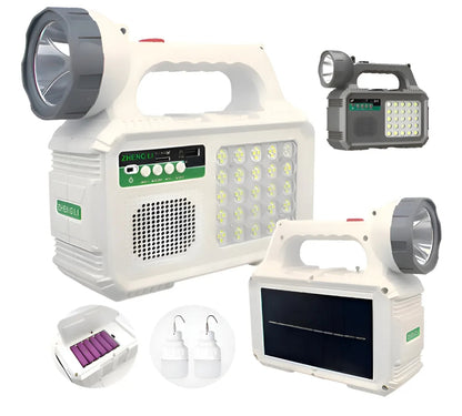 Kit Solar Emergencia Recargable con Linterna LED, Radio FM, Bluetooth y 2 Ampolletas