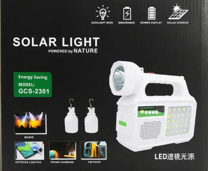 Kit Solar Emergencia Recargable con Linterna LED, Radio FM, Bluetooth y 2 Ampolletas