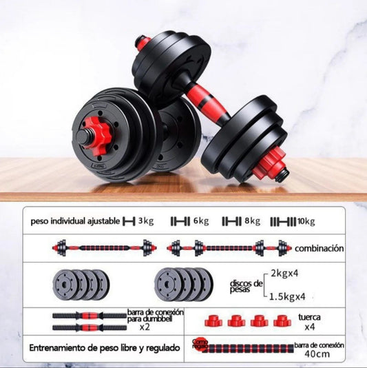 Set de Mancuernas 10 kg con Barra Ajustable