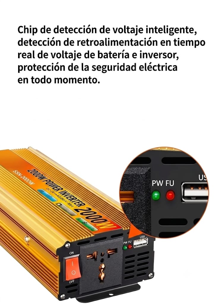 Inversor de Corriente 12V a 220V 2000W 1 Salidas AC + USB + Protección Múltiple