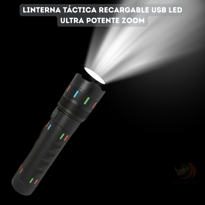 Linterna Táctica LED Recargable USB con Zoom y Power Bank – 5 Modos