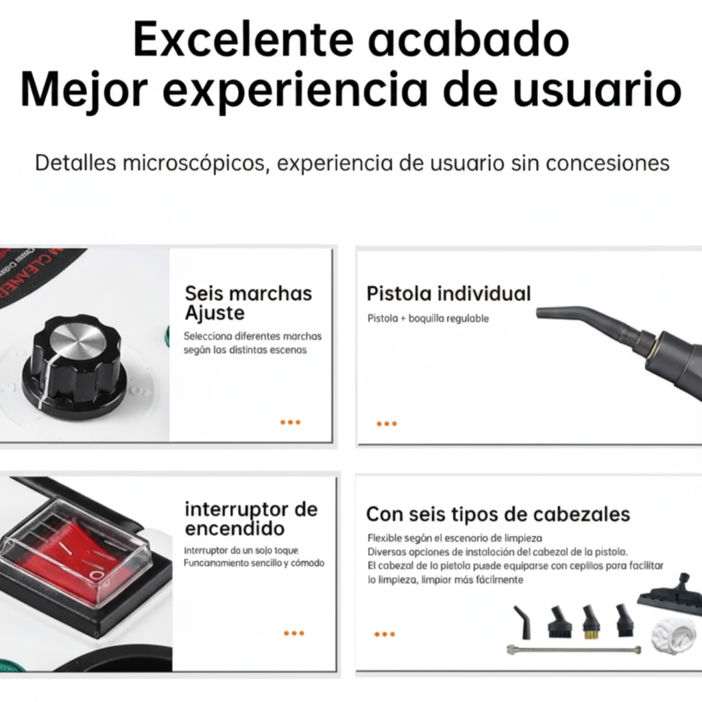 Limpiador a Vapor Portátil 3BAR 105°C con 6 Cabezales – Listo en 10 Segundos