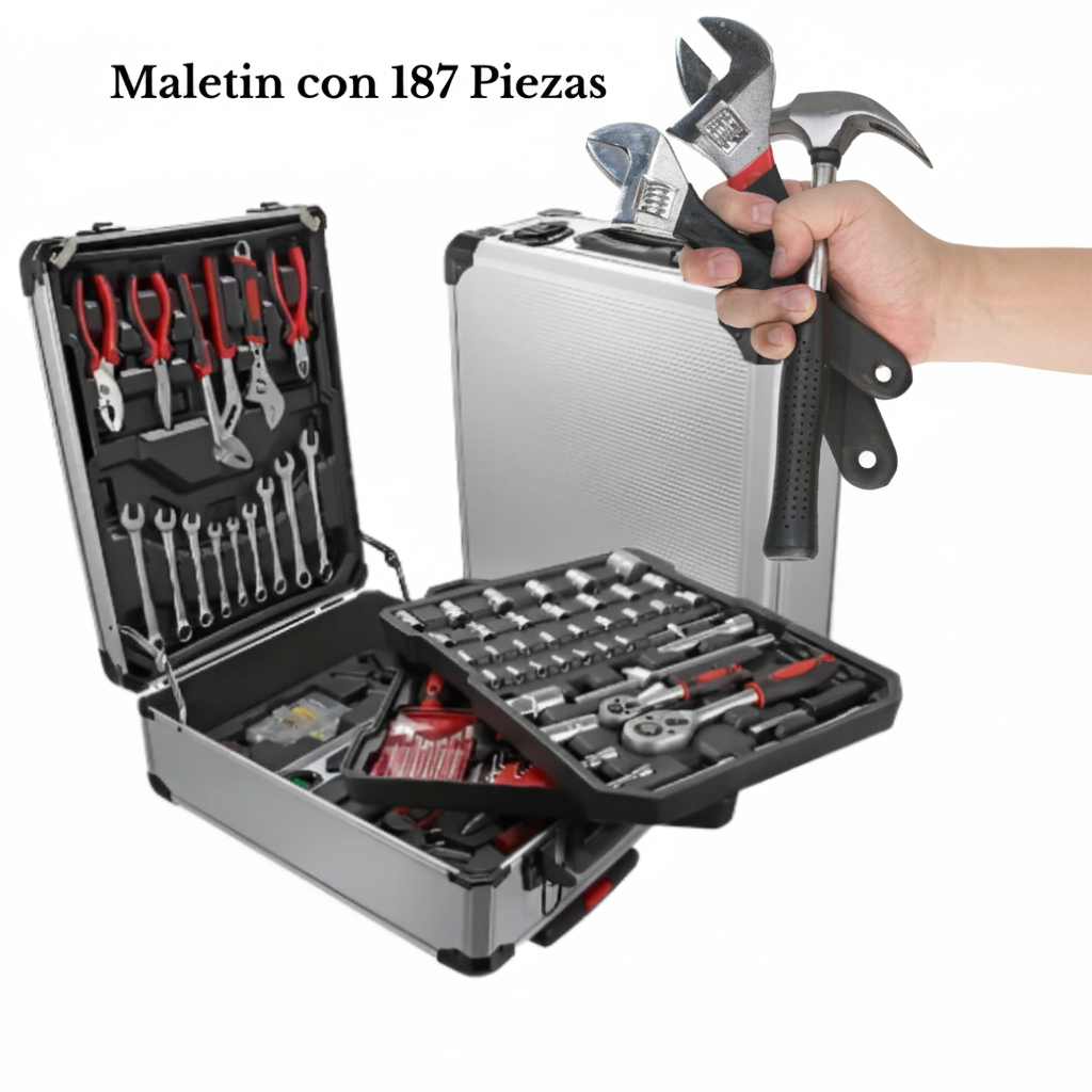 Maletín de Herramientas 187 Piezas Caja Metálica con Ruedas Acero Cromo