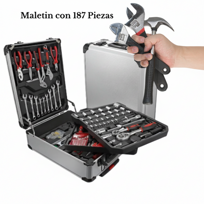Maletín de Herramientas 187 Piezas Caja Metálica con Ruedas Acero Cromo