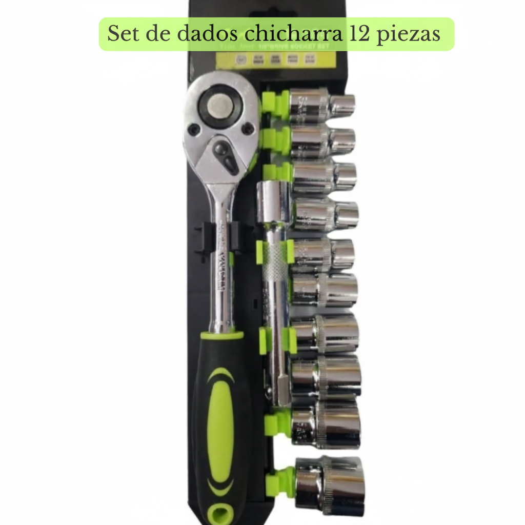 Juego Dados y Chicharra 1/2" 12 Piezas con Extensión Acero Cromo Vanadio