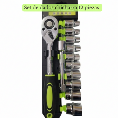 Juego Dados y Chicharra 1/2" 12 Piezas con Extensión Acero Cromo Vanadio