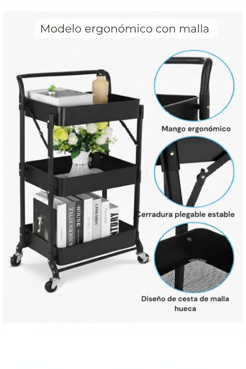 Carro Auxiliar Organizador Plegable Multiuso 3 estantes